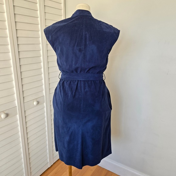 Vtg 90s Navy Faux Suede Button Front Midi Dress Sz L Handmade Minimalist Artisan - Picture 6 of 10